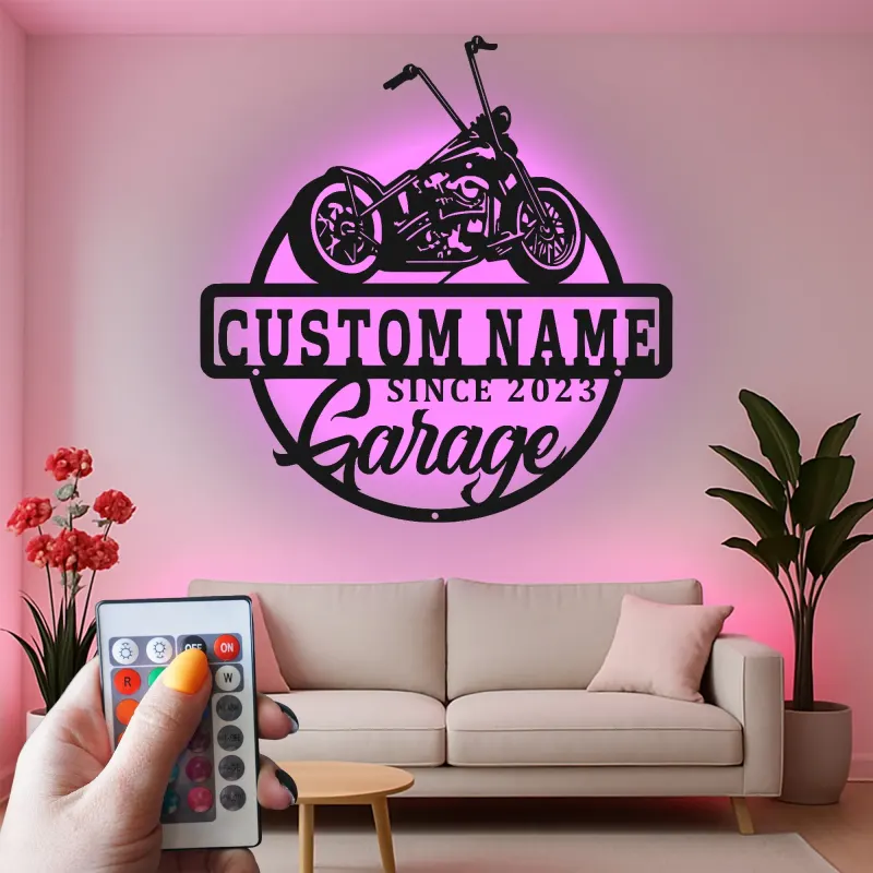 Décoration murale en métal personnalisée Chopper | Enseigne LED pour garage moto | Cadeau biker personnalisé et déco de man cave