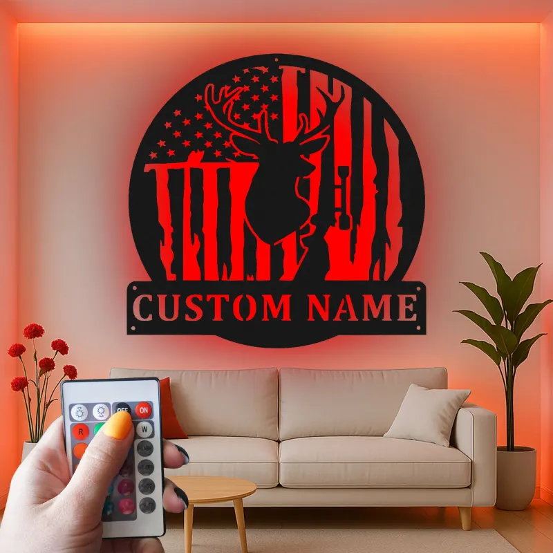 Custom Deer American Flag Led Light Metal Wall Art Hunting Gift for Him Rustic Cabin Decor