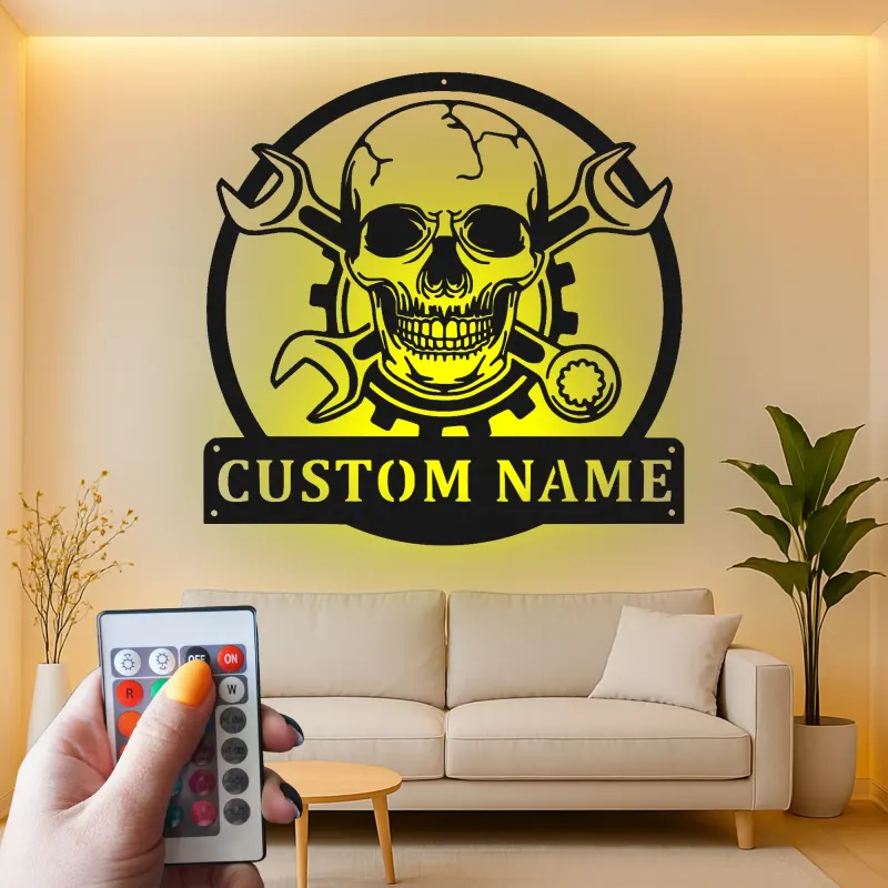 Cartel LED de Calavera Mecánica | Arte de Pared Personalizado para Garaje | Decoración de Taller Personalizada para Él | Luz de Man Cave Gearhead