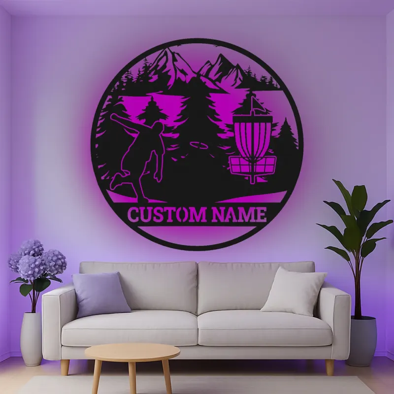 Décoration murale en métal LED personnalisée pour disc golf - Cadeau pour les golfeurs