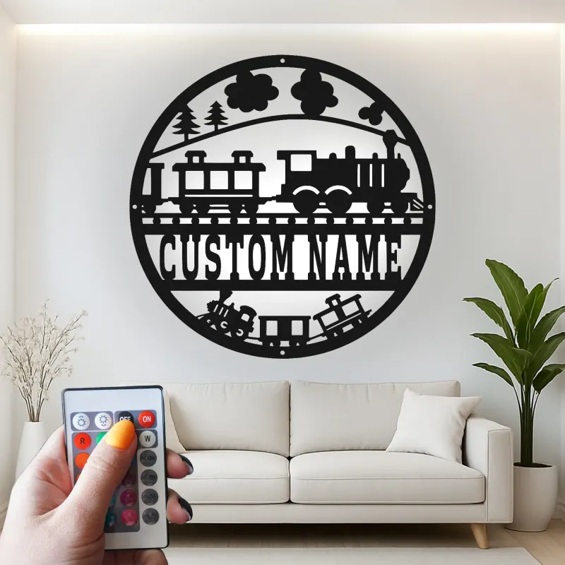 Décoration murale en métal personnalisée avec train en rétroéclairage - Cadeau pour enfants - Décor de chambre de bébé