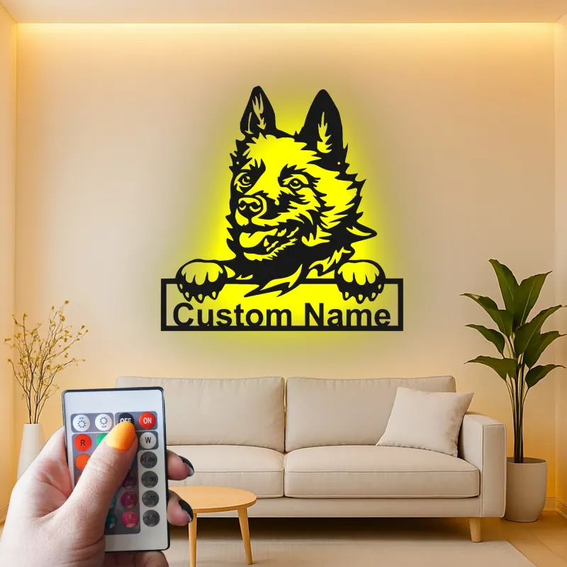 Personalisierte LED-beleuchtete Metall-Wandkunst mit Deutschem Schäferhund – Geschenk für Hundeliebhaber, Wohnzimmerschmuck