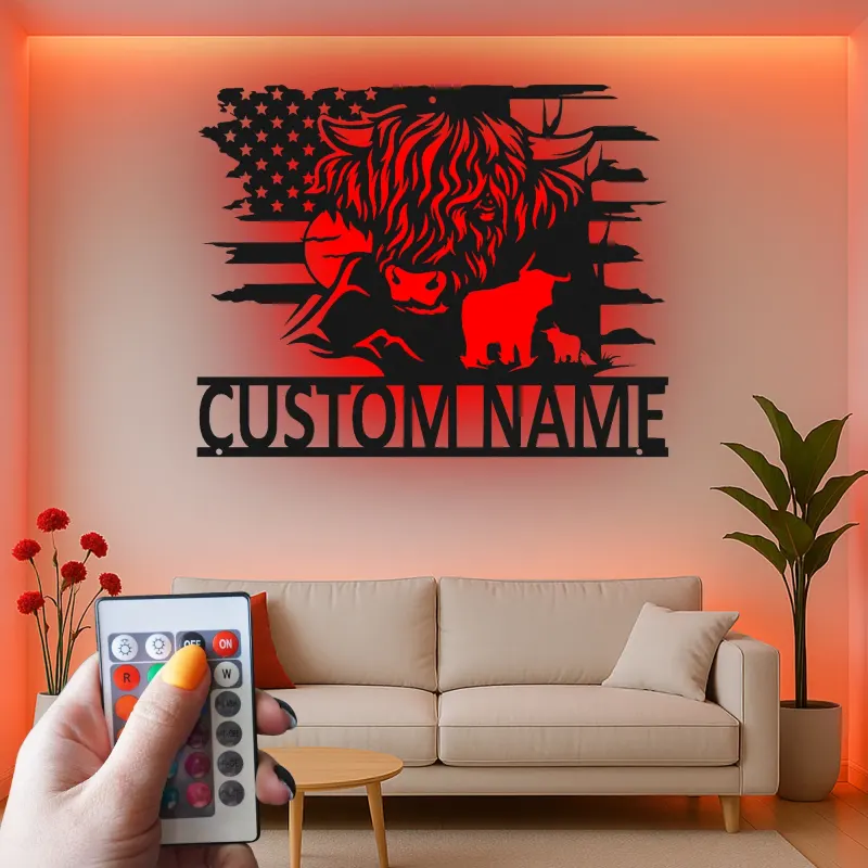 Décoration murale en métal Highland Cow | Enseigne LED personnalisée avec drapeau USA | Déco ranch sur mesure | Cadeau pour fermier