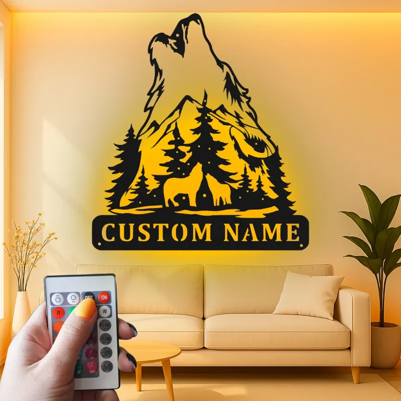 Custom Howling Wolf Led Light Metal Wall Art Personalized Gift for Nature Lovers Cabin Decor