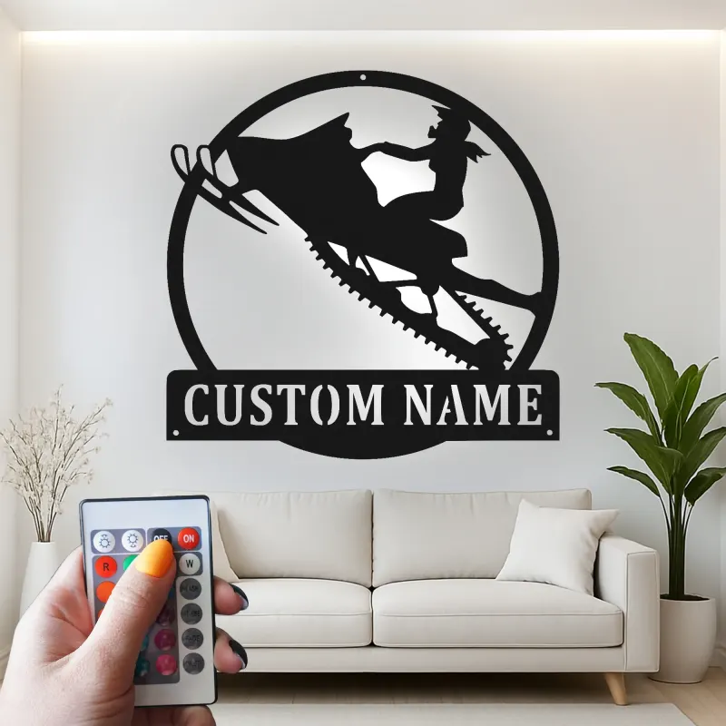 Custom Snowmobile LED Metal Sign | Personalized Rider Silhouette Wall Art | Winter Sports Decor Gift