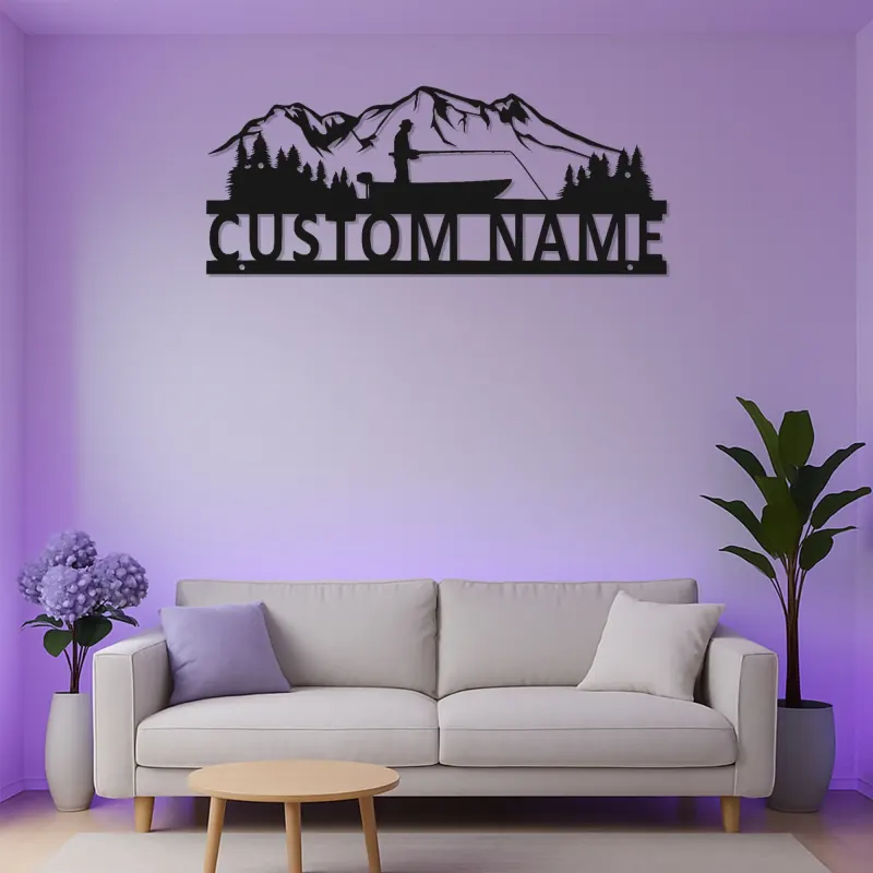 Décoration murale LED en métal pour pêcheur personnalisée | Plaque au prénom du pêcheur pour maison de lac | Cadeau pour amateur de plein air