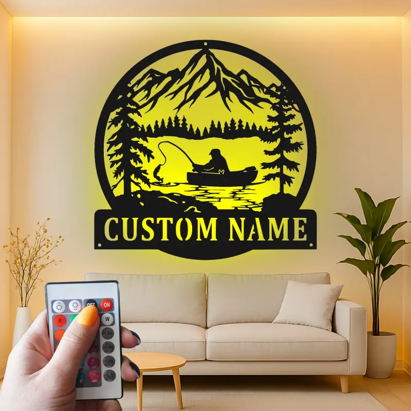 Insegna da pesca personalizzata con LED | Insegna in metallo personalizzata | Decorazione per casa al lago per pescatori | Regalo per appassionati di pesca