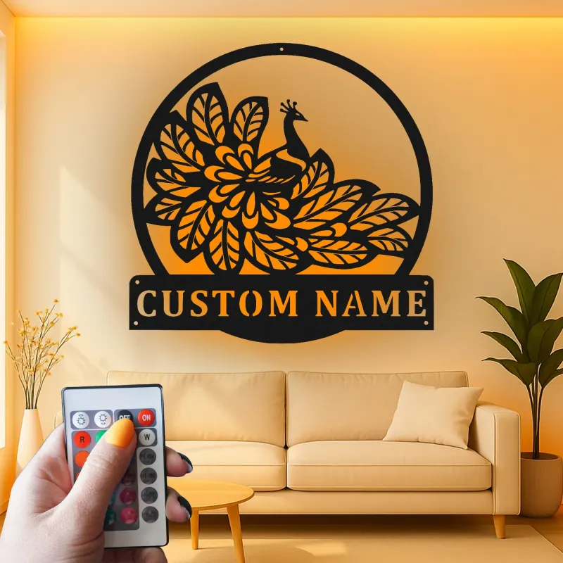 Peacock Metal Wall Art | Personalized LED Sign with Name | Elegant Home Decor Gift for Mom | Custom Bird Silhouette for Living Room