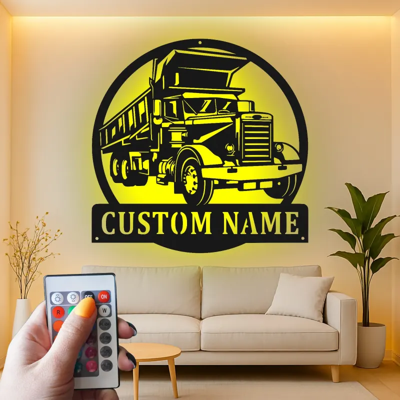 Custom Dump Truck Led Light Metal Wall Art Personalized Gift for Truck Enthusiast Garage or Man Cave Decor 1