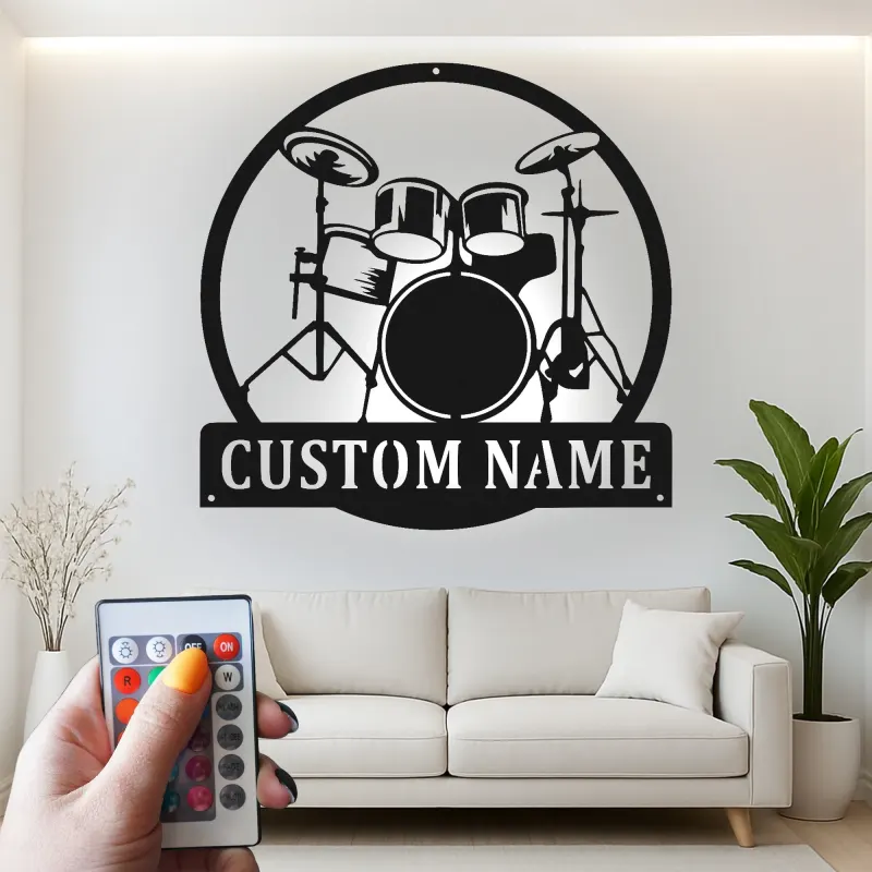 Insegna in metallo LED personalizzata per batteristi - Regalo per musicisti - Decorazione per studio o sala musica 1