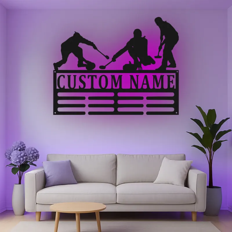 Personalisierte LED-Metall-Wandkunst für Curling-Teams – Sportgeschenk für Athleten, Deko fürs Spielzimmer