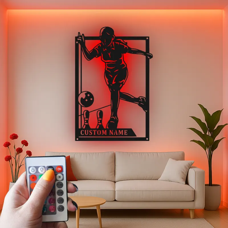 Custom Bowling Player Led Light Metal Wall Art Personalized Gift for Bowlers Game Room Sports Decor