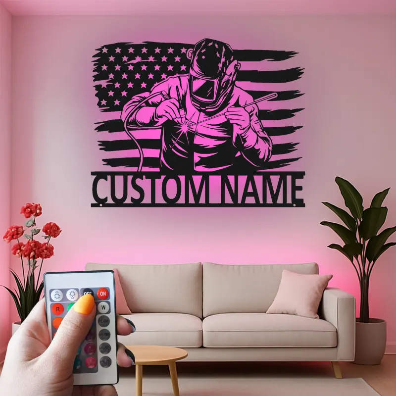 Insegna in metallo personalizzata con saldatore e bandiera americana retroilluminata, regalo personalizzato per officine o garage di saldatori