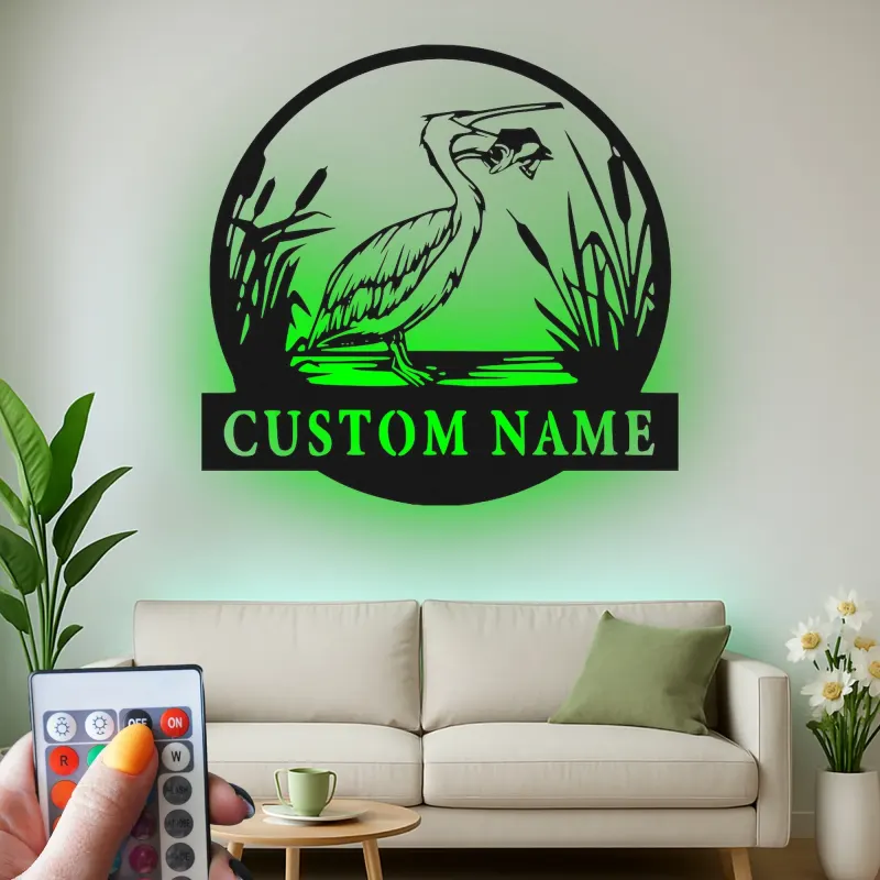 Insegna in metallo personalizzata con Airone e luci LED | Arte murale di fauna selvatica personalizzata | Decorazione per casa al lago e patio esterno