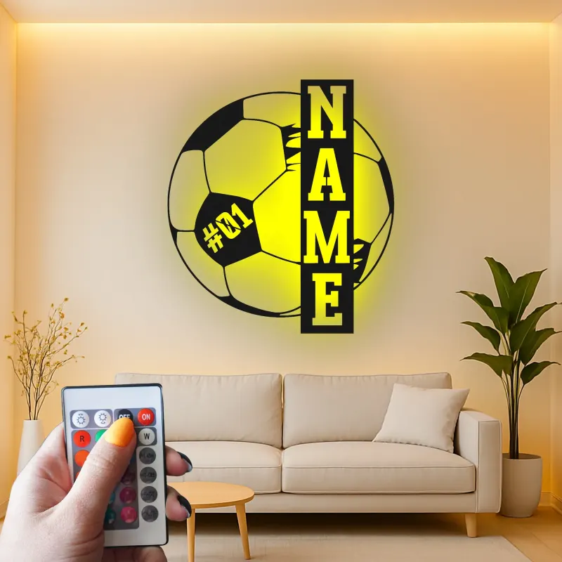 Cartel de metal personalizado de fútbol | Arte mural de metal LED | Número de jugador personalizado | Decoración de habitación de niño y regalo para atleta