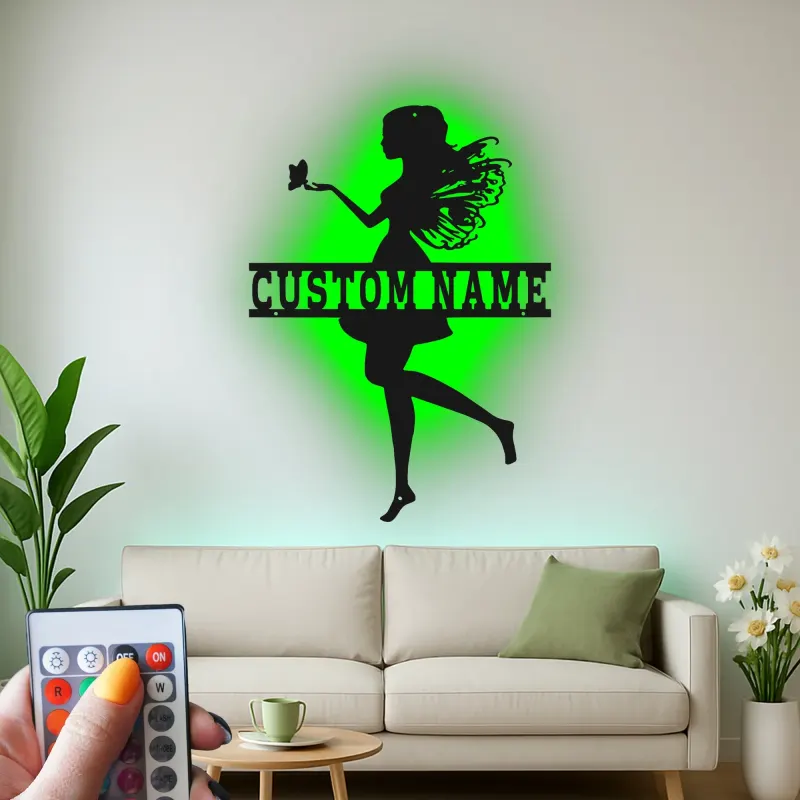 Insegna personalizzata con nome fata e LED | Insegna in metallo personalizzata per cameretta bambina | Decorazione magica per nursery | Decorazione da parete fiabesca