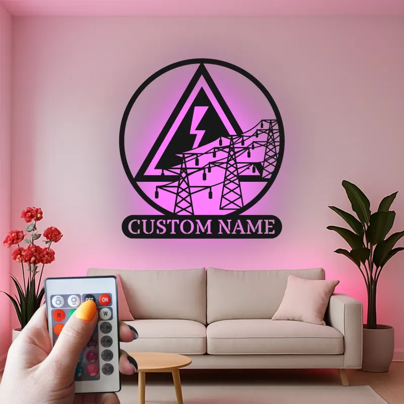 Art mural en métal LED d'électricien | Enseigne personnalisée de lineman avec lignes électriques | Décor industriel personnalisé pour bureau et garage