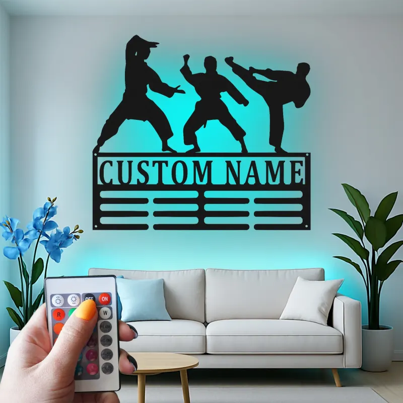 Expositor personalizado de cinturones de karate | Cartel LED personalizado de artes marciales | Decoración mural de metal para dojo | Regalo para cinturón negro