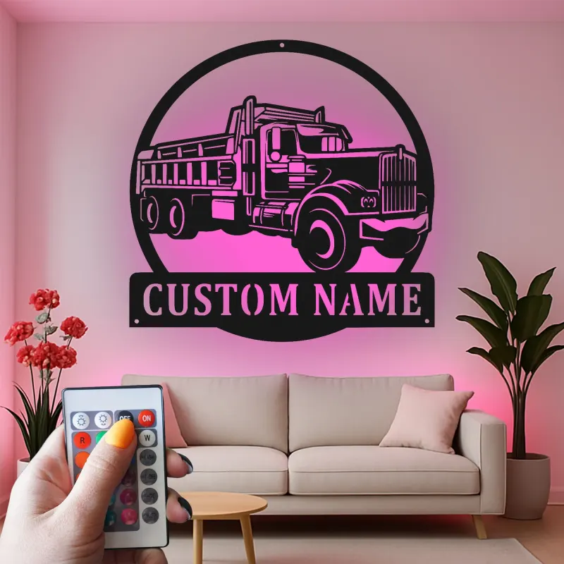 Custom Dump Truck Led Light Metal Wall Art Personalized Gift for Truck Enthusiast Garage or Man Cave Decor