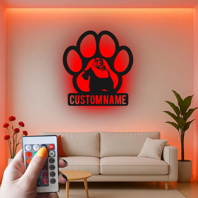 Décoration murale en métal personnalisée de patte de Scottish Terrier avec rétroéclairage LED - Cadeau pour les amoureux des chiens et décoration de salon