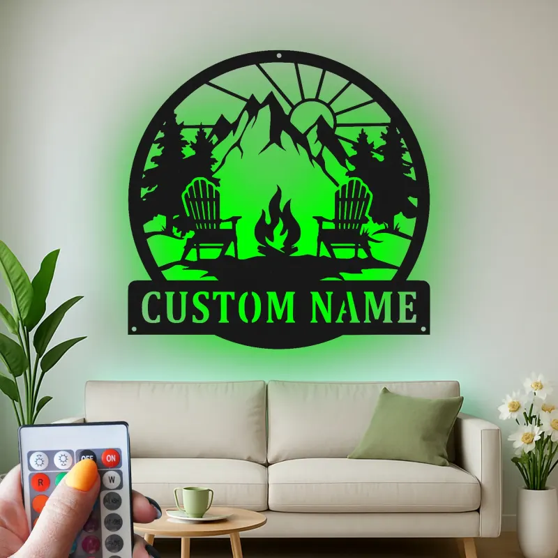 Cartel de metal LED personalizado de fogata de montaña regalo para amantes del aire libre decoración de cabaña o patio