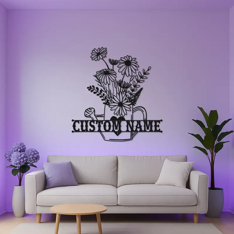 Insegna personalizzata con annaffiatoio | Decorazione murale in metallo LED | Arredo da giardino su misura | Regalo per giardiniere | Accento floreale boho