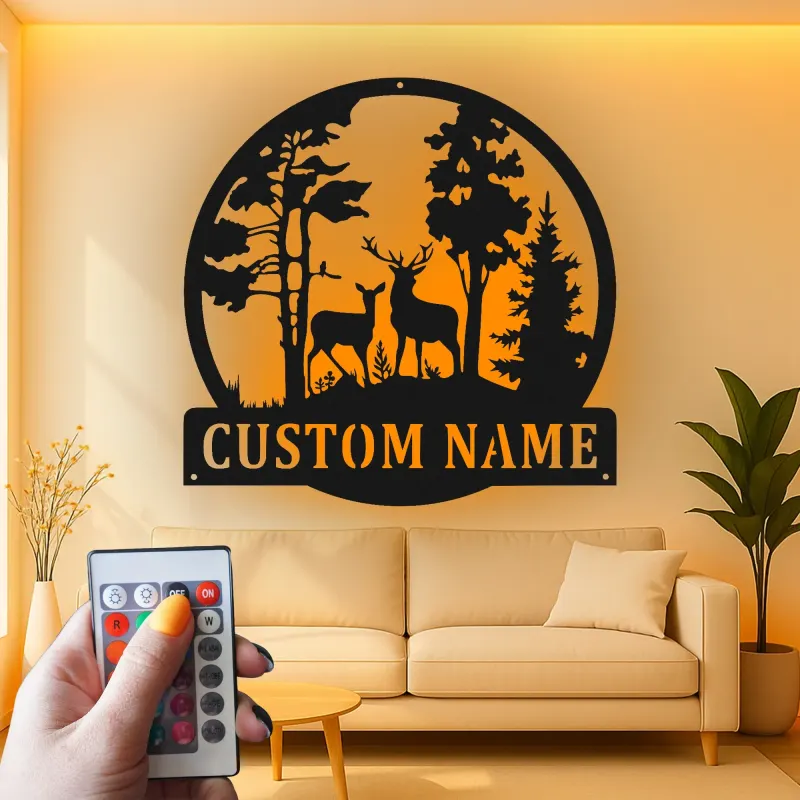 Insegna in metallo personalizzata con cervo e luce LED per amanti della natura, regalo per cabin