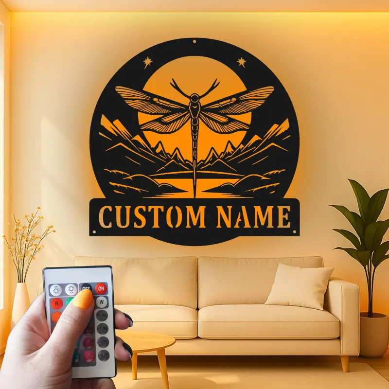 Custom Dragonfly Mountain Scene Led Light Metal Wall Art Personalized Nature Lover Gift Bedroom or Living Room Decor