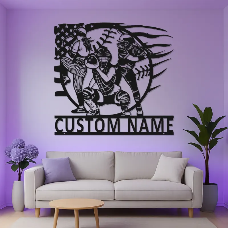 Insegna in Metallo per Giocatori di Softball Personalizzata | Arte da Parete LED con Nome Personalizzato | Regalo per Squadra di Softball | Decorazioni per Camera delle Ragazze & Ricevitore, Lanciatore, Battitore