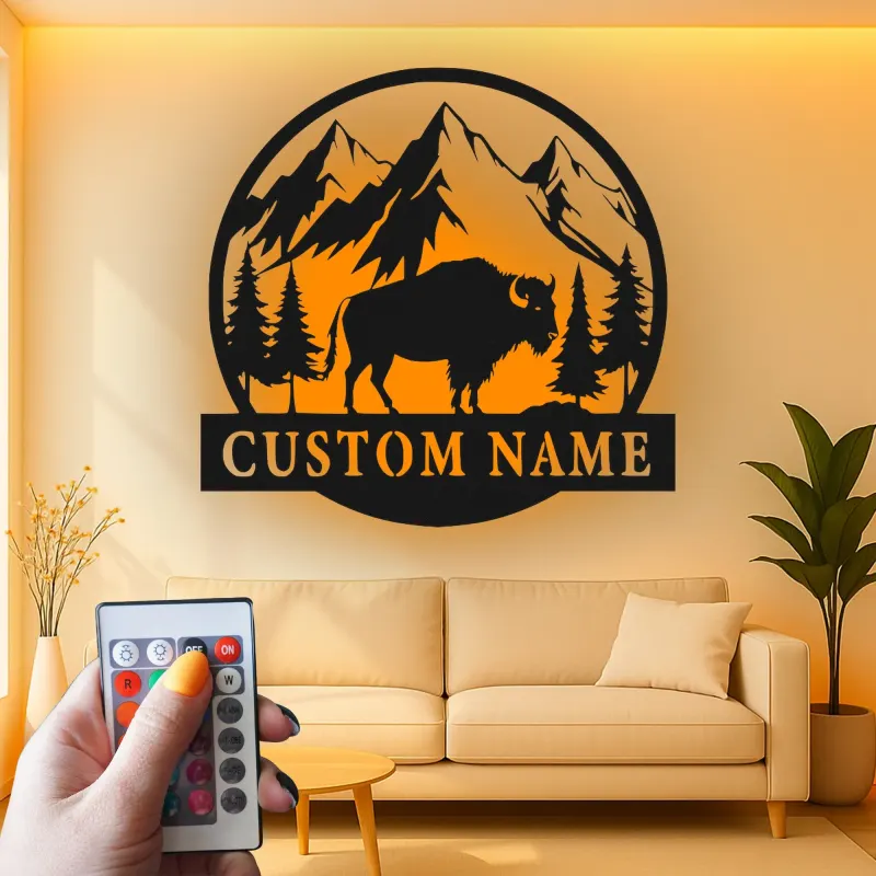 Personalisierte LED-Leuchttafel aus Metall mit Bison-Motiv – Rustikales Geschenk für Naturfreunde