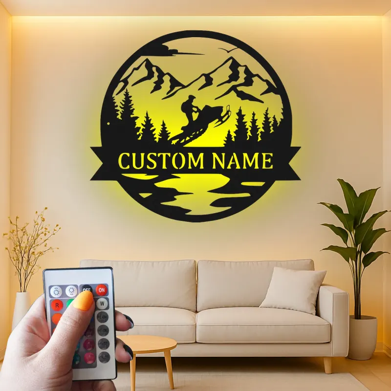 Personalized Snowmobile Metal Sign | LED Mountain Wall Art | Custom Rider Name Decor | Winter Sports Gift