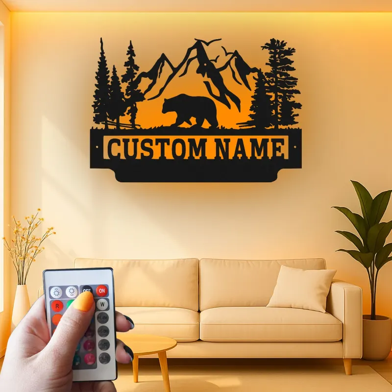 Cartel de metal LED de oso de montaña personalizado, regalo para amantes de la naturaleza, decoración de cabaña o refugio