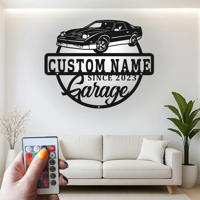 Cartel de metal LED personalizado para garaje con coche, regalo personalizado para entusiastas de coches, decoración mural de garaje 2