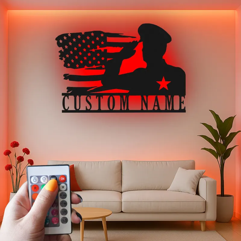 Custom Military Name Sign | LED American Flag Wall Art | Personalized Veteran Gift | Patriotic Army Home Decor