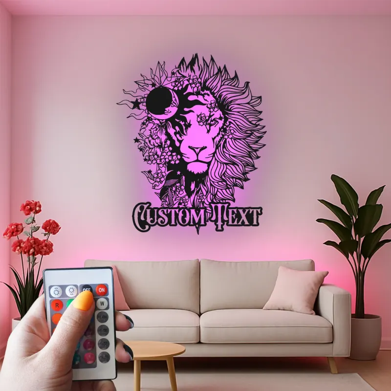 Lion Metal Wall Art with LED Light | Custom Floral Name Sign | Boho Celestial Wildlife Decor for Home & Office