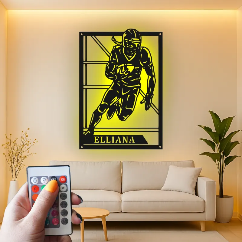 Cartel de metal personalizado de jugador de fútbol americano | Arte mural LED con nombre personalizado | Decoración para sala deportiva, regalo para deportistas