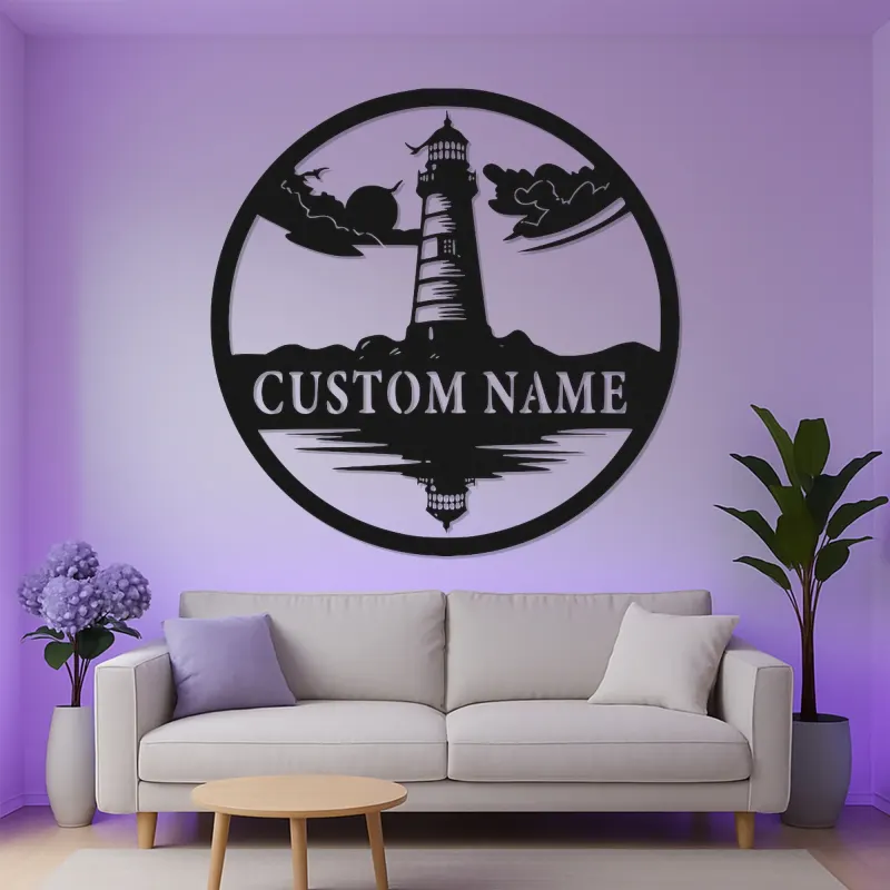 Insegna LED in metallo personalizzata con faro | Arte murale costiera personalizzata | Regalo per casa al mare | Silhouette marina