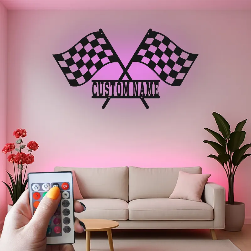 Panneau en métal LED de drapeaux de course personnalisé | Décor de garage personnalisé | Art mural à damier de sport automobile | Cadeau pour coureur