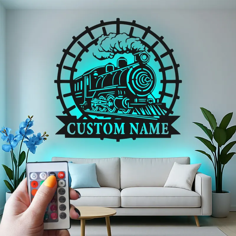 Décoration murale en métal personnalisée de train à vapeur avec rétroéclairage LED - Cadeau pour passionnés de trains, décoration pour man cave ou bureau