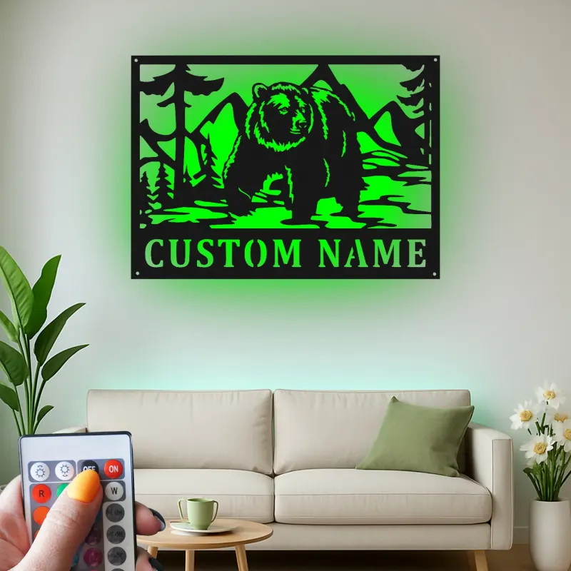 Décoration murale en métal personnalisée Bear Mountain avec rétroéclairage LED - Cadeau pour les amoureux de la nature, décoration de chalet ou de lodge