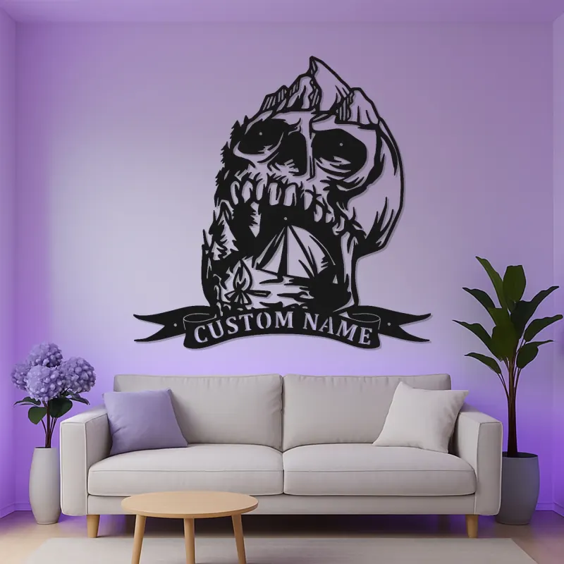 Custom Skull Mountain LED Sign | Personalized Metal Wall Art | Gothic Outdoor & Camper Decor | Rustic Cabin Gift