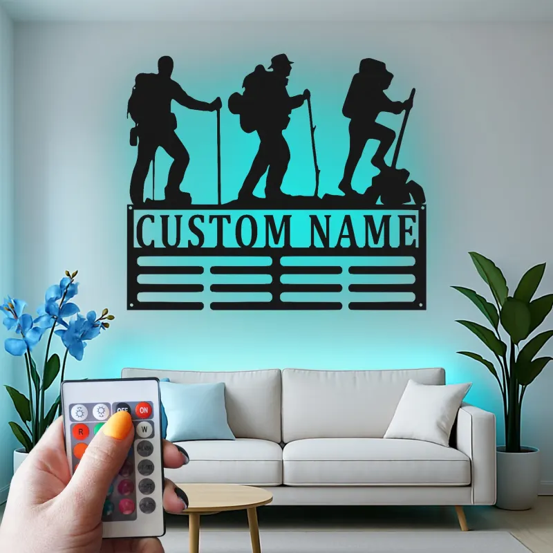Custom Hiker LED Metal Art | Personalized Name Sign for Cabin Decor | Outdoor Enthusiast Gift