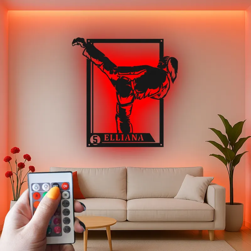 Insegna in metallo personalizzata con luce LED per artisti marziali, regalo personalizzato per appassionati di karate, decorazione per palestra o dojo