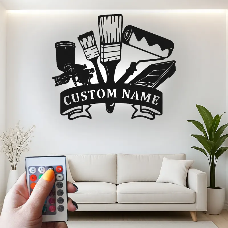 Personalized Painter Tools Sign | LED Metal Wall Art for Paint Shop | Custom Name Decor for Painting Contractor Gift