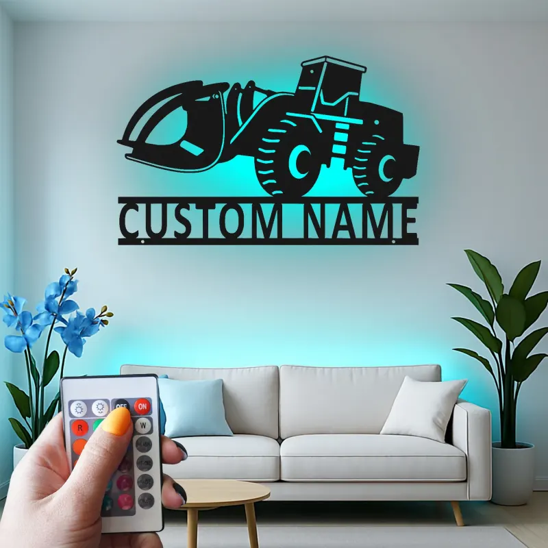 Décoration murale en métal LED personnalisée pour excavateur - Cadeau pour passionnés de construction - Décor de garage ou de bureau