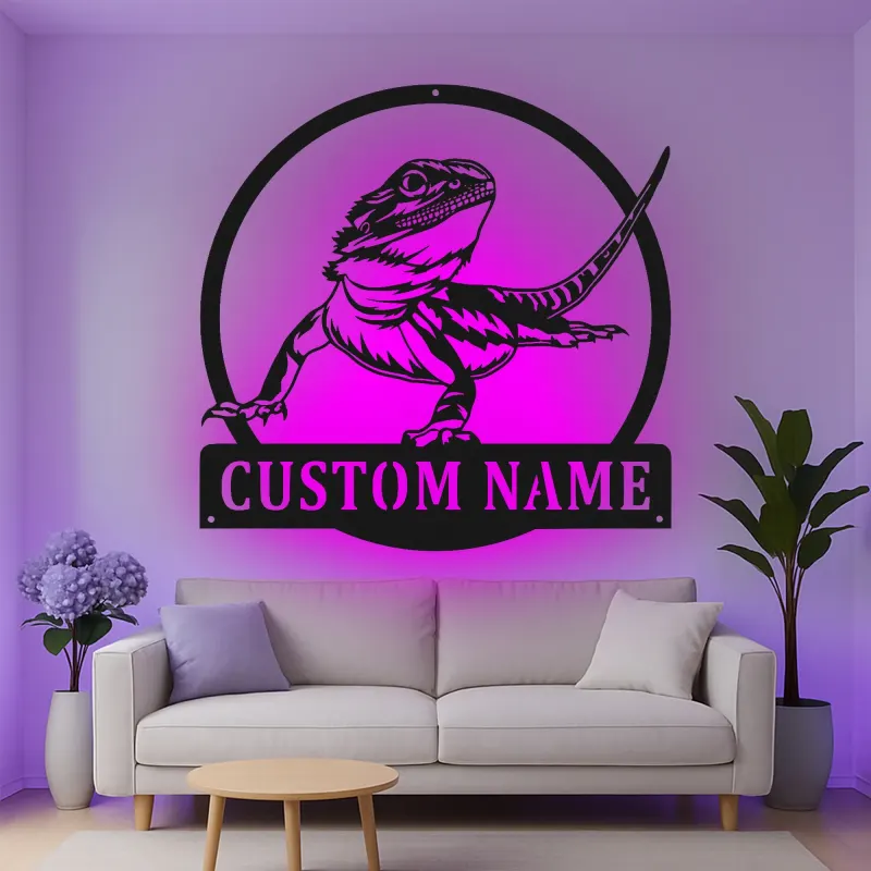 Insegna in metallo personalizzata con luci LED a forma di drago barbuto - Regalo per amanti dei rettili - Decorazione per camera da letto o soggiorno 1