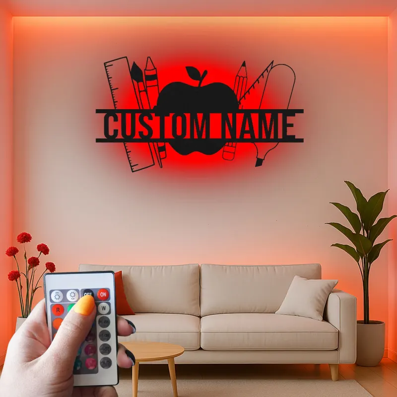 Cartel de nombre de profesor personalizado | Arte mural de metal LED en forma de manzana | Decoración de aula personalizada | Regalo de agradecimiento para profesores