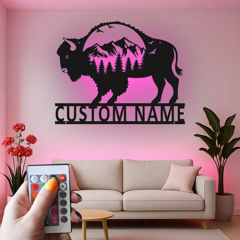 Cartel de metal personalizado con escena de montaña y bisonte iluminado LED, regalo para amantes de la naturaleza, decoración rústica para salas de estar
