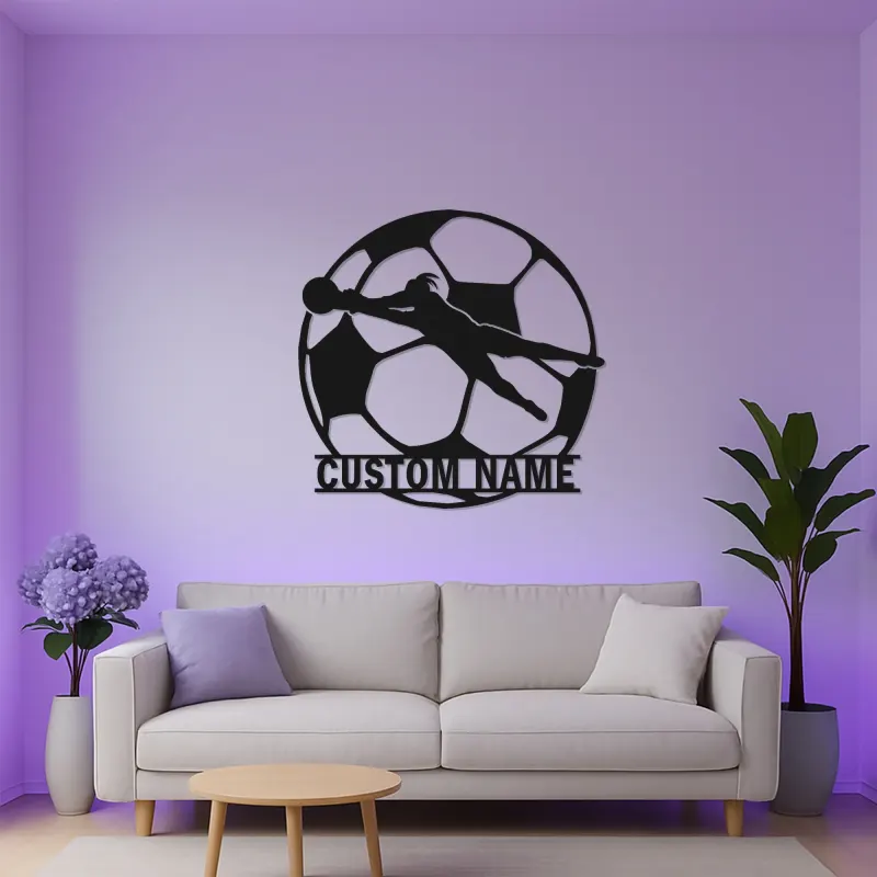 Letrero metálico personalizado de portero | Arte mural LED de fútbol | Decoración con nombre del jugador para habitación infantil | Regalo deportivo moderno