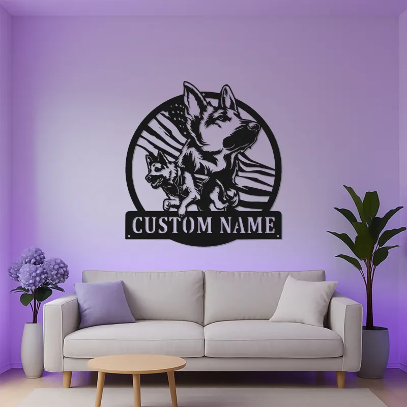 German Shepherd LED Metal Wall Art | Custom American Flag Sign | Patriotic Dog Owner Gift | Personalized Pet Decor